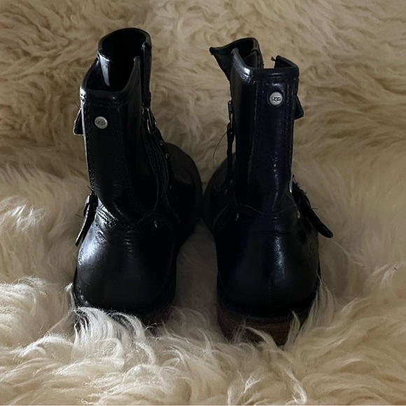 UGG Black Leather Double Buckle Combat Moto Side-Zip Ankle Boots - Picture 6 of 8